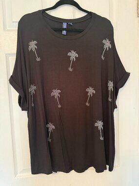 Casey Key Plus Size 3X Black Rhinestone Palm Tree Top